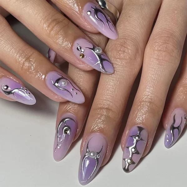 Wearable Y2k Cool False Nails Long Almond Tricolor Fake Nails Fashion Nail Tips Press On Round With Silver Stripes Beads Designs - Image 12