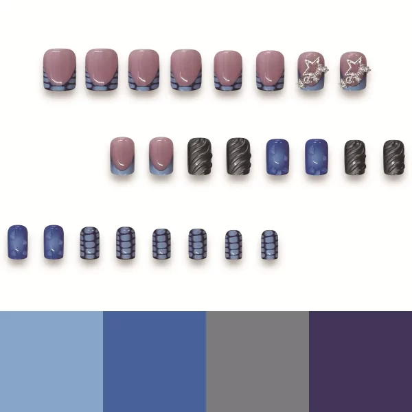 24pcs Short Fake Nails 3D Wave Sliver Star Design Blue French Press on Nails for Girls Full Cover Wearable Short False Nail Tips - Image 5