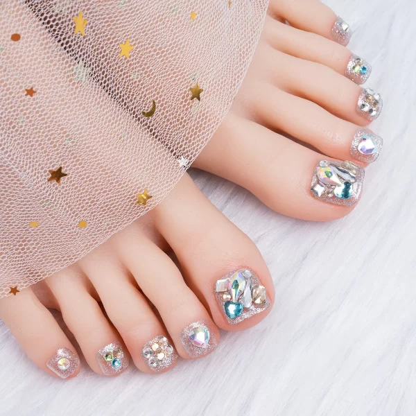 24pcs Glitter Crystal False Toenails Full Cover Wearable Rhinestone Fake Toe Nail Patch for Feet nails Supplies professionals - Image 3
