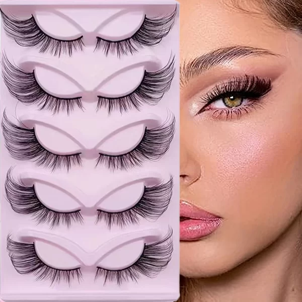5 Pairs Fox Eye Lashes 24mm Wispy Faux Mink Lashes Fluffy Cat Eye Lashes Extensions False Eyelashes