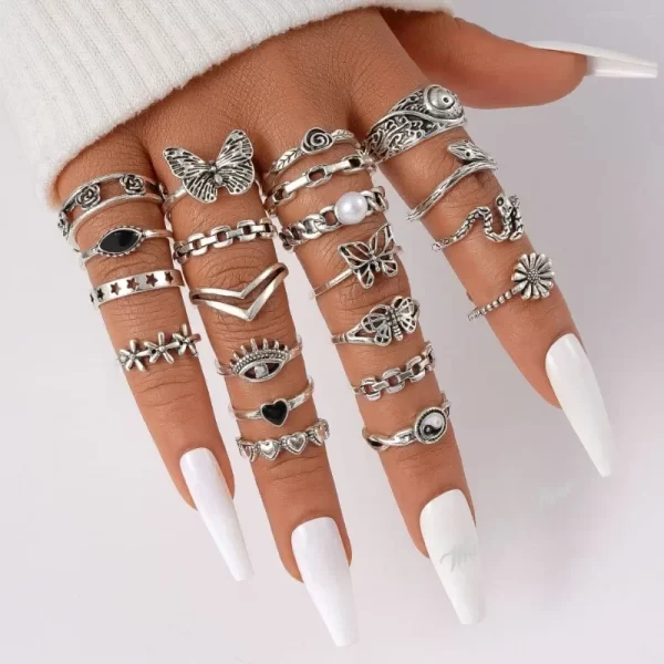21pcs Set Punk Style Butterfly Heart Stainless Steel Ring and Tai Chi Design Multi-element Snake Rings Set Кольца Женские Кольцо - Image 2