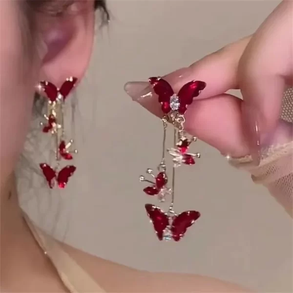 Elegant Red Zircon Butterfly Drop Earrings for Women Temperament Sweet Metal Bow Earrings Fashion Girl Jewelry Accessories - Image 2