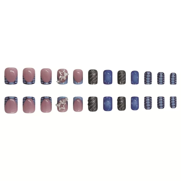24pcs Short Fake Nails 3D Wave Sliver Star Design Blue French Press on Nails for Girls Full Cover Wearable Short False Nail Tips - Image 4