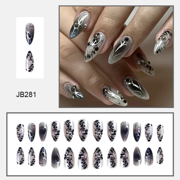 Wearable Y2k Cool False Nails Long Almond Tricolor Fake Nails Fashion Nail Tips Press On Round With Silver Stripes Beads Designs - Image 3