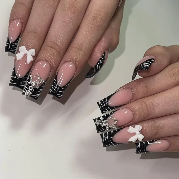 24pcs Long Water Pipe Fake Nails y2k Press On Nails Tips Wearable Black French False Nails Cross Bow Pearl Decoration Full Cover - Image 11
