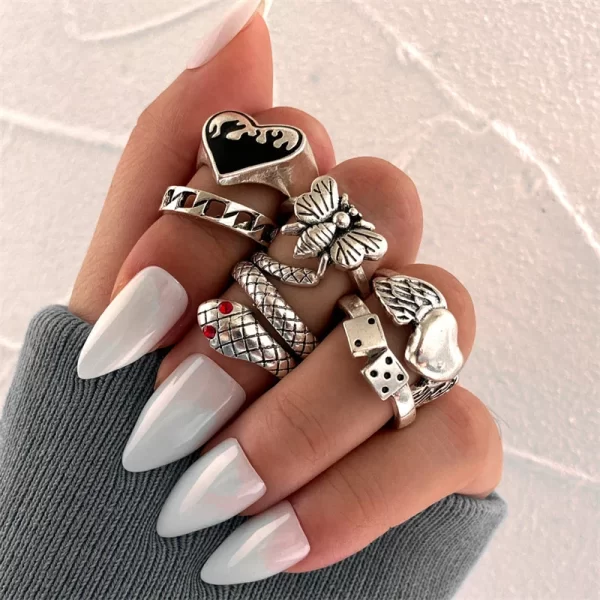 Vintage Gothic Heart Rings Set For Women Men Punk Playing Card Spades Geometric Hollow Butterfly Ring Retro Finger Ring Jewelry - Image 13