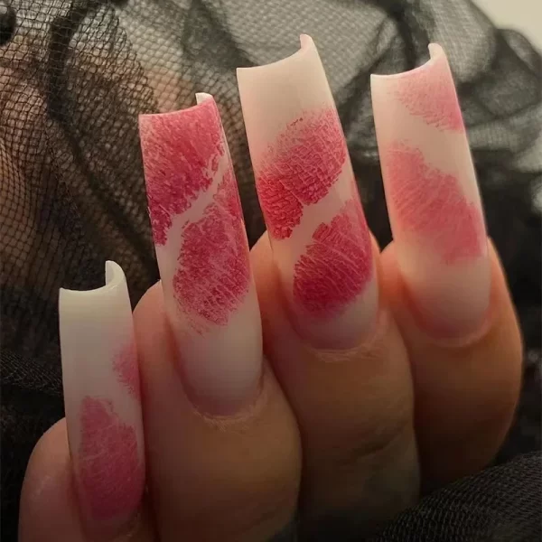 Sweet Romantic Pink Lips Print Wearable Fake Art Nail Spice Girl Frosted False Nails Valentine's Day Press on Nail Glue Manicure - Image 3