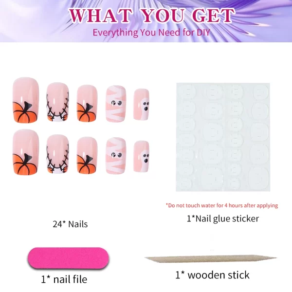 24pcs short and medium-sized fake nails, Halloween Scary Pumpkin Design Square Nail, press on nails,suitable for women and girls - Image 3
