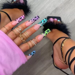 Luxury Ladies 24Pcs/Set Super Long Square French Leopard Print Pink Bow Heart Decoration Wearable Fake Nail  Press on Nail Art