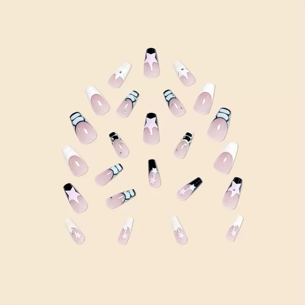 Women Girls Trend 24Pcs/Set Medium Ballet French Serpentine Star Diamond Full Coverage Wearable Fake Nail Press on Nail Art - Image 2