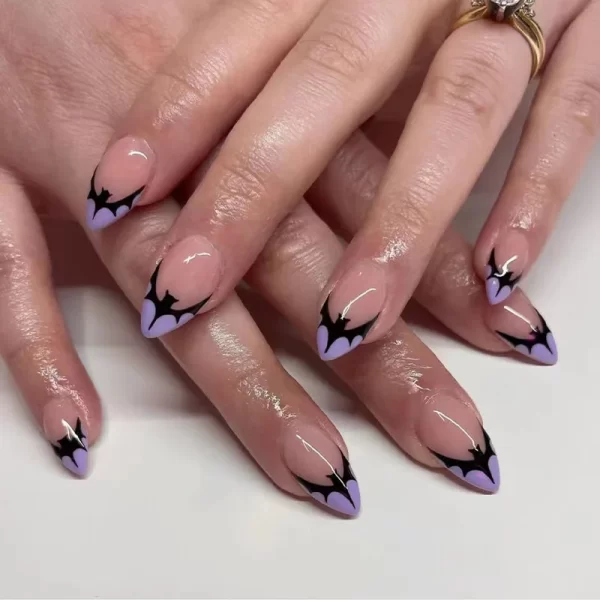 24Pcs Halloween False Nails with Almond Head Design Mid-length French Fake Nails Bat Wearable Oval Press on Nails Manicure Tools - Image 2