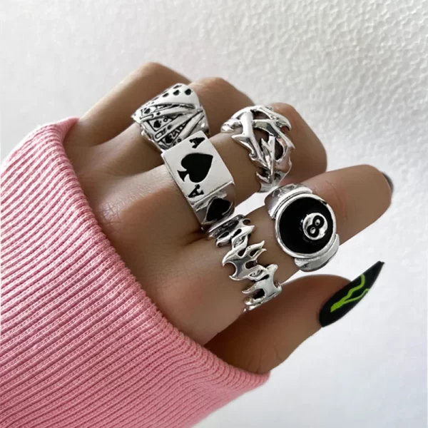 Vintage Gothic Heart Rings Set For Women Men Punk Playing Card Spades Geometric Hollow Butterfly Ring Retro Finger Ring Jewelry - Image 4