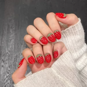 10Pcs 3D Strawberry Handmade Fake Nails Short Oval Red Polka Dot & Fruit Design False Nails Press On Nails for Women/Girls Wear