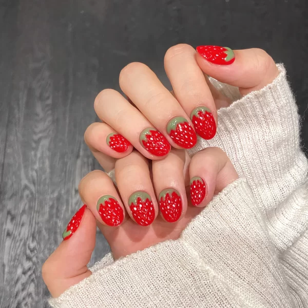 10Pcs 3D Strawberry Handmade Fake Nails Short Oval Red Polka Dot & Fruit Design False Nails Press On Nails for Women/Girls Wear