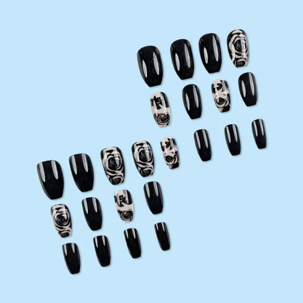 24pcs/ser Black Rose Flower Medium Square Press on Nails Decorated Acyrlic False Nail Art Fake Nails Set Finger Nails for Gluing - Image 4