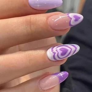 24pcs press on nails  Long Almond Blue Line Love Flower Lattice Print Fake Nail french tip press on nails cute nail