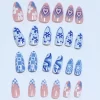 24pcs press on nails  Long Almond Blue Line Love Flower Lattice Print Fake Nail french tip press on nails cute nail - Image 3