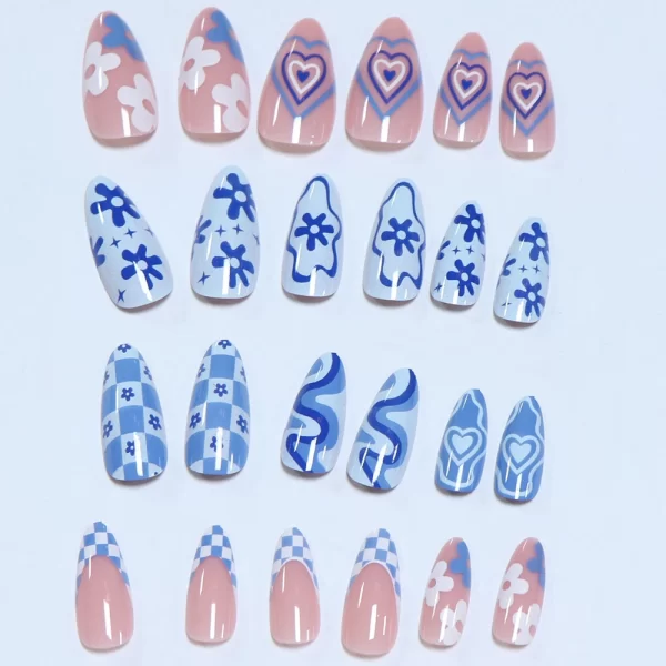 24pcs press on nails  Long Almond Blue Line Love Flower Lattice Print Fake Nail french tip press on nails cute nail - Image 3