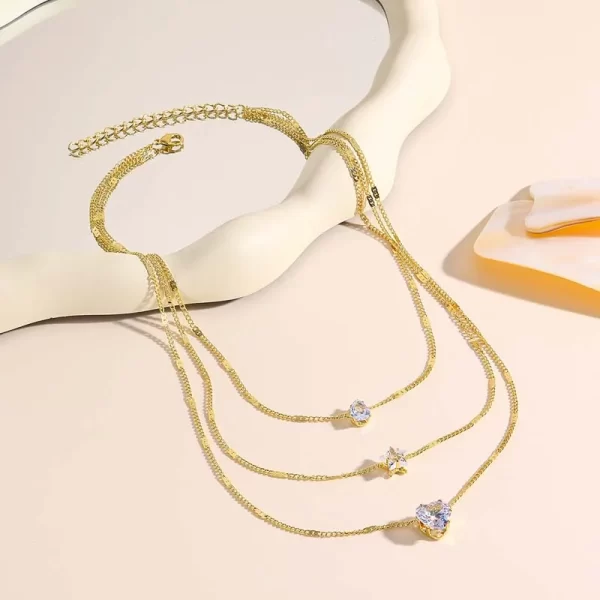 Fashion Crystal Heart Star Layered Pendant Necklace for Women Simple Gold Color Metal Rhinestone Choker Necklace Wedding Jewelry - Image 3