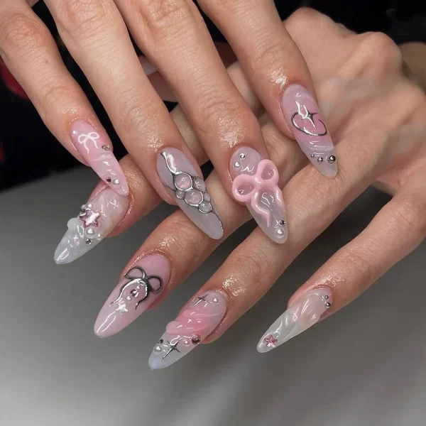 24pcs Spicy Girl Style Fake Nails 3D Sliver Bow Butterfly Decor False Nails Wearable Y2k Sliver Pink Almond Press on Nail Tips - Image 8