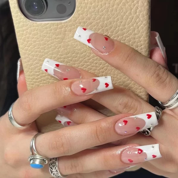 Hot New Women Girls 24Pcs Long Square Red French White Border Heart Full Coverage Wearable Fake Nail Press on Nail Art - Image 2