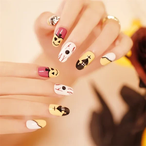 24pcs Artificial Acrylic Nail Art Fake Nails Full Coverage Removable Press on Nails Halloween Pumpkin Skull Moon False Nail Tip - Image 9