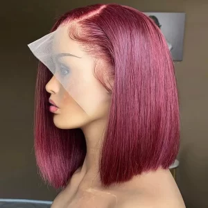 99J Burgundy Bob Wig 8Inch Human Hair Wigs For Women Bone Straight Bob Wig Side Part HD Transparent Lace Frontal Wig 180%