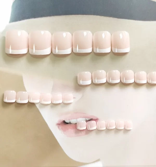 24pcs Nude Press On Toe Nails Square Fake Toe Nails Glossy Full Cover False Toe Nails With French White Edge Design For Women - Image 2