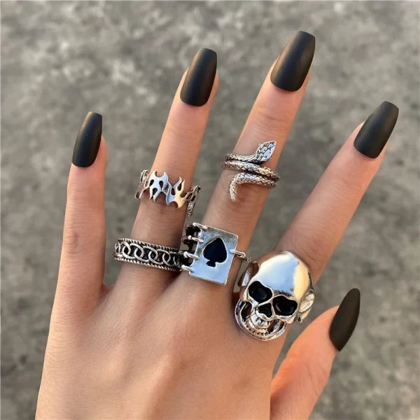 Vintage Gothic Heart Rings Set For Women Men Punk Playing Card Spades Geometric Hollow Butterfly Ring Retro Finger Ring Jewelry - Image 9