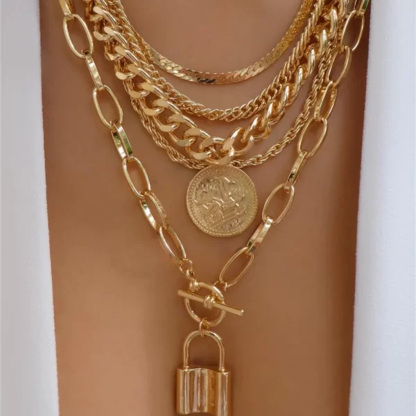 Vintage Fashion Punk Thick Chain Head Coin Lock Pendant Necklace For Women Female Multilevel Gold-plate Hip Hop Jewelry Gfit - Image 16