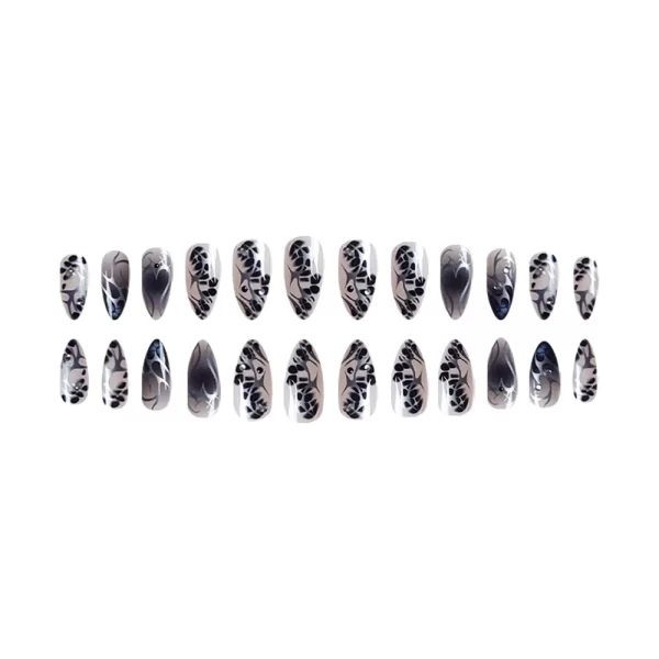 Wearable Y2k Cool False Nails Long Almond Tricolor Fake Nails Fashion Nail Tips Press On Round With Silver Stripes Beads Designs - Image 4