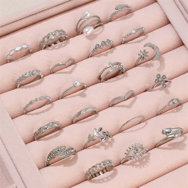 Silver Color Geometric Knuckle Rings Set For Women Eye Cross Sun And Moon Leaf Charm Finger Ring Female Boho Party Jewelry - Image 4