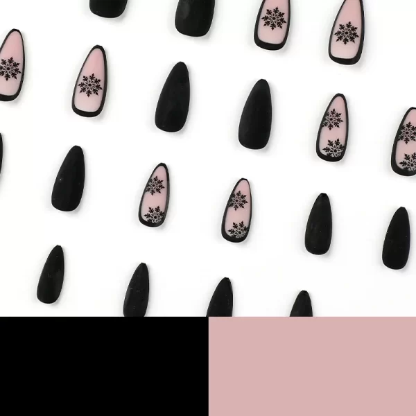 Sexy Charm Woman Black Frosted Snowflake Wearable Almond Shape Fake Nails Art Full Cover Finished False Nail Press on Nails Glue - Image 6