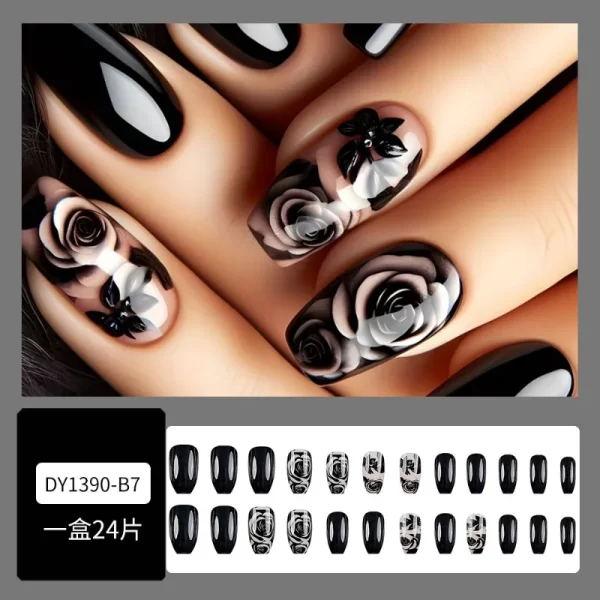 24pcs/ser Black Rose Flower Medium Square Press on Nails Decorated Acyrlic False Nail Art Fake Nails Set Finger Nails for Gluing - Image 2
