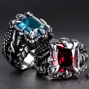 Gothic Blue and Red Crystal Evil Demon Dragon Claw Ring for Men Gram Biker Punk Rock Hip Hop Cool Jewelry Accessories