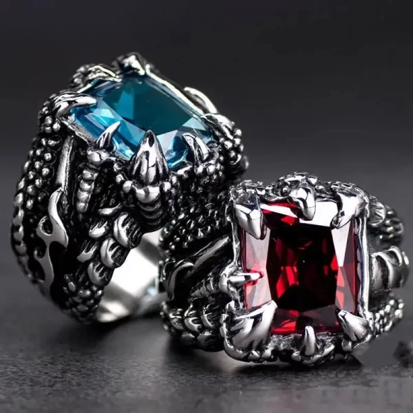 Gothic Blue and Red Crystal Evil Demon Dragon Claw Ring for Men Gram Biker Punk Rock Hip Hop Cool Jewelry Accessories