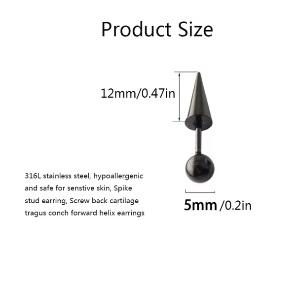 2pcs 16G 316L Stainless Steel Spike Stud Earrings For Women Men,Screw Back Daith Cartilage Tragus Conch Helix Piercing Jewelry - Image 2