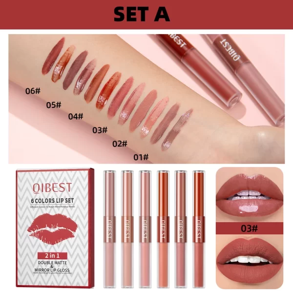 6 Colors Double-end Lipgloss And Matte Liquid Lipstick 2 In 1 Stick Long-lasting Mirror Lip Glaze Sexy Red Tint Lip Makeup Sets - Image 5