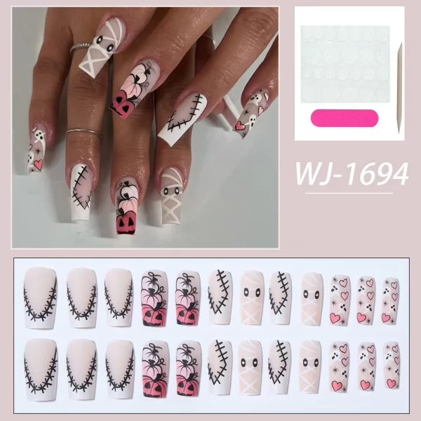 24pcs short and medium-sized fake nails, Halloween Scary Pumpkin Design Square Nail, press on nails,suitable for women and girls - Image 8
