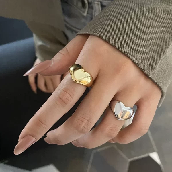 Stainless Steel Simple Smooth Metal Heart Rings For Women Men Y2K Trendy Open Ring Korean Elegant Party Jewelry Couple Gifts - Image 3