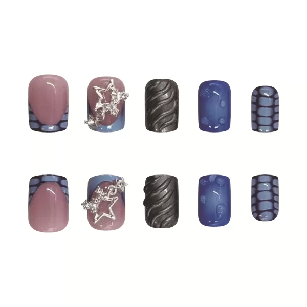 24pcs Short Fake Nails 3D Wave Sliver Star Design Blue French Press on Nails for Girls Full Cover Wearable Short False Nail Tips - Image 3